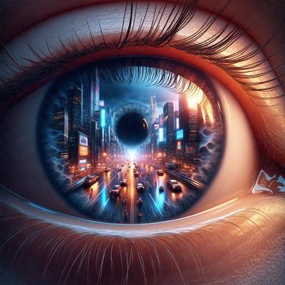 The primary subject of the image is a close-up of a person's eye, which is depicted as a futuristic cityscape. The eye is shown with a cityscape in the background, featuring tall buildings and a busy street. The visual style of the image is a combination of photo and digital art, creating a unique and intriguing perspective. The colors and mood of the image are vibrant and energetic, capturing the essence of a bustling urban environment.
